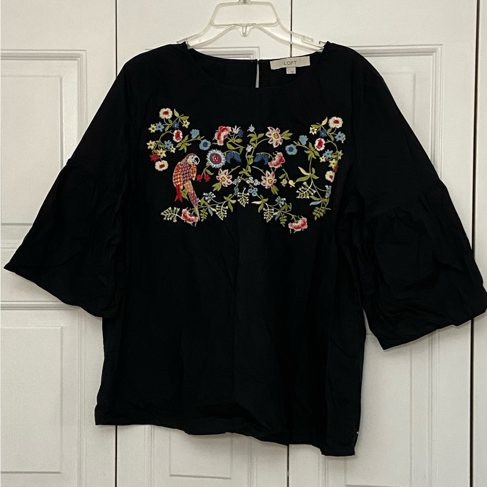 Loft, Embroidered Black Blouse with 3/4 Bell Sleeves, Large